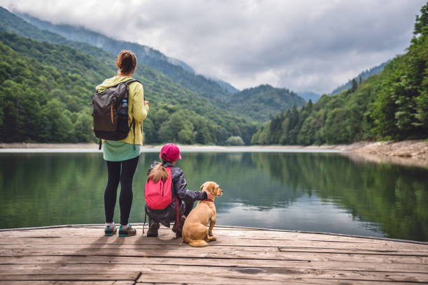 istock Mother and daughter standing on the pier with a dog 851932666