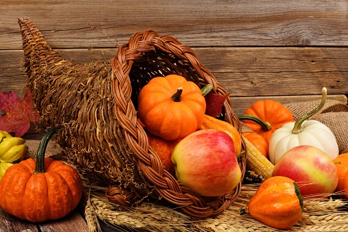 Thanksgiving cornucopia filled with pumpkins and fruit against a rustic wooden background