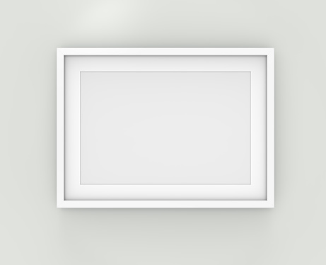 3D render of Classic White Frame with white Passe-partout on Wall.  Blank for Copy Space.