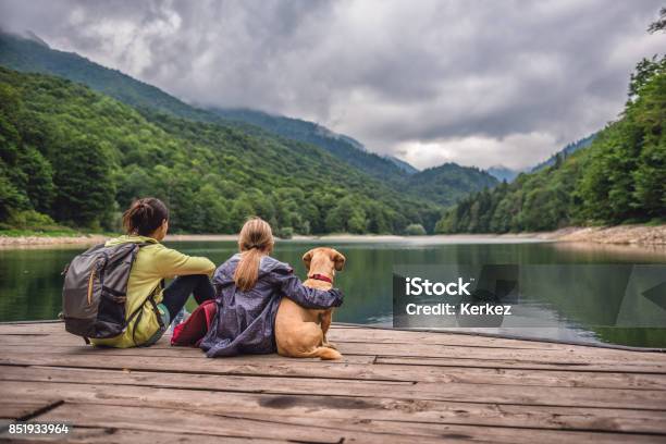 Mother And Daughter With A Dog Resting On A Pier Stock Photo - Download Image Now - Dog, Family, Eco Tourism