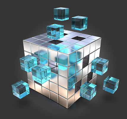 Metal Cube with Blue glass parts. Black background. 3D render.