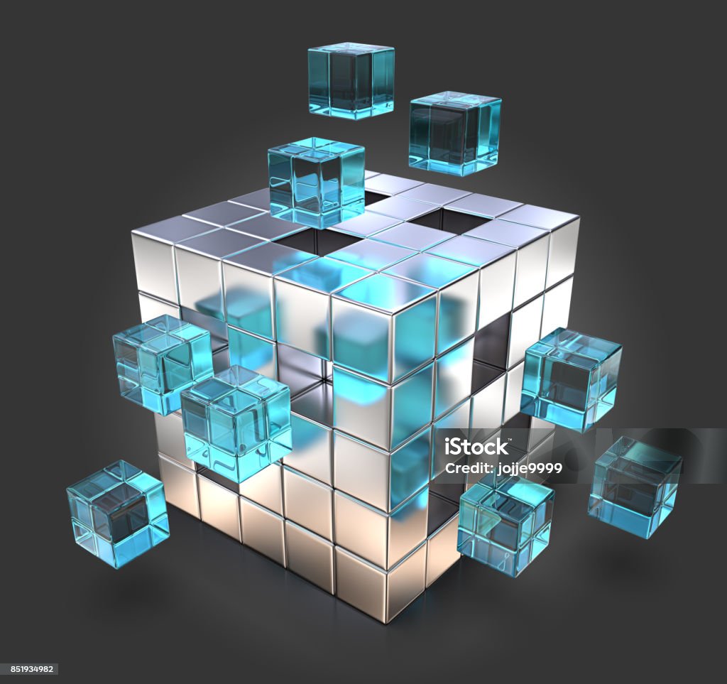 Challenge. Metal Cube with Blue glass parts. Black background. 3D render. Merging Stock Photo