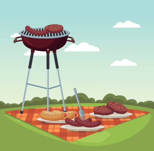 krajobraz sceny kolorów piknik obrus i grill grill w trawie - grilled tablecloth kitchen utensil summer stock illustrations