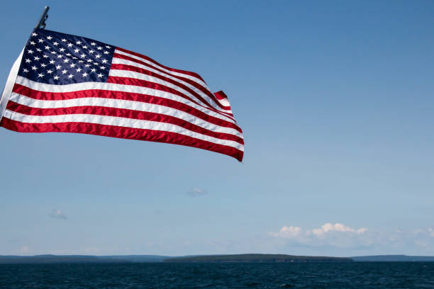 American flag over Lake Superior