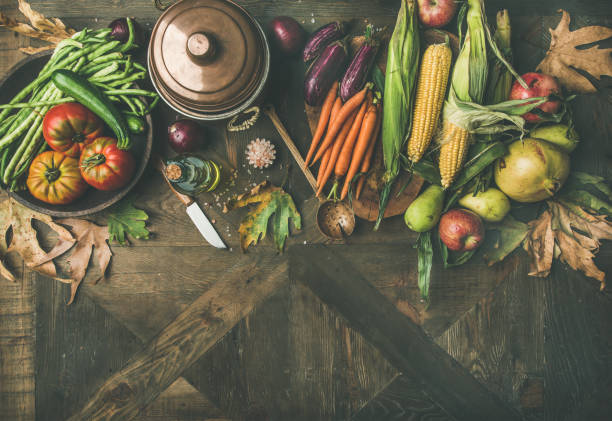 istock Autumn healthy ingredients for Thanksgiving day dinner, copy space 851943358