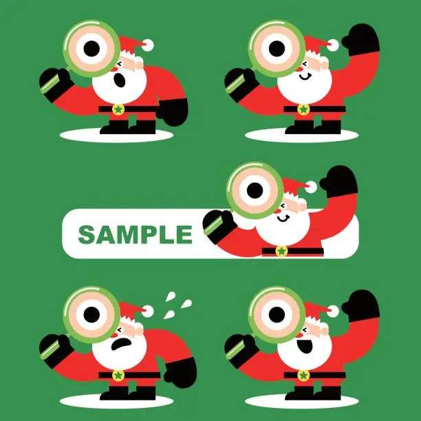 Vector illustration of Merry Christmas and Happy New Year, Cute Santa Claus Holding A Magnifying Glass. Smiling, Surprise, Worried Emoticon