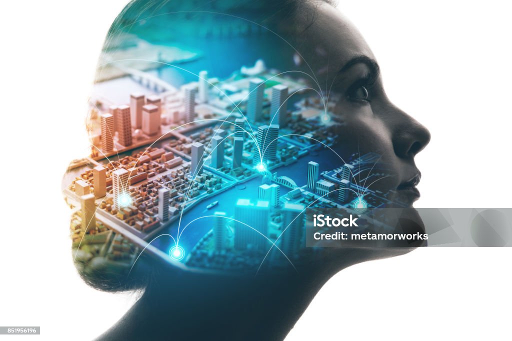 AI(Artificial Intelligence) concept. Woman profile and smart city. Mixed media. Human Face Stock Photo