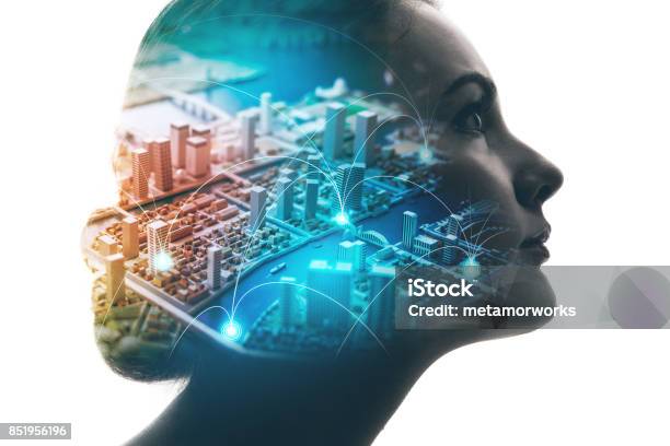 Ai Concept Woman Profile And Smart City Mixed Media Stock Photo - Download Image Now