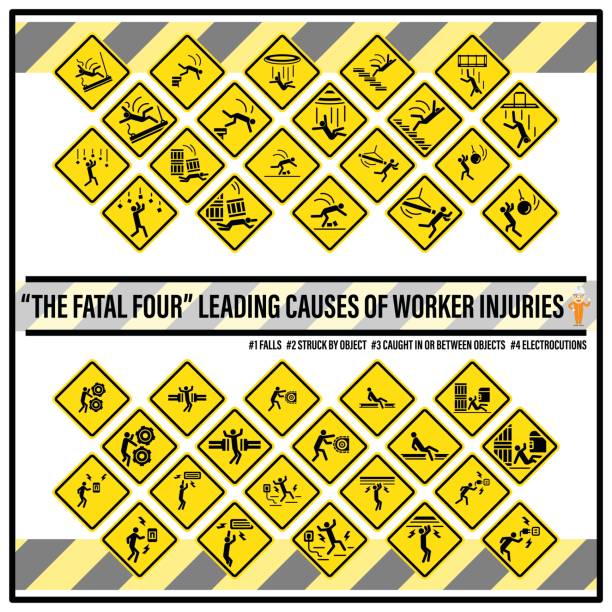 ilustrações de stock, clip art, desenhos animados e ícones de set of safety signs and symbols of fatal hazards, the fatal four, the leading causes of worker injuries and deaths in industry. - fatal accident illustrations