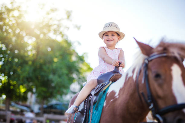 Beautiful child on a horse Photography of a 2 years old child on a horseback. This is her first experience on a horse, and she is overwhelmed with various emotions pony photos stock pictures, royalty-free photos & images