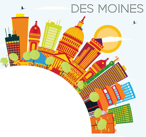 Des Moines Skyline with Color Buildings, Blue Sky and Copy Space. Des Moines Skyline with Color Buildings, Blue Sky and Copy Space. Vector Illustration. Business Travel and Tourism Concept. Image for Presentation Banner Placard and Web Site. des moines silhouette stock illustrations