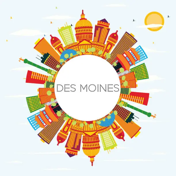 Vector illustration of Des Moines Skyline with Color Buildings, Blue Sky and Copy Space.