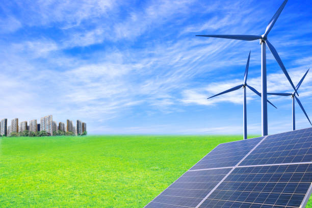 istock Future urban construction, windmills wind power and solar panels to solve energy shortages 851972376