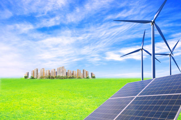 istock Future urban construction, windmills wind power and solar panels to solve energy shortages 851972456