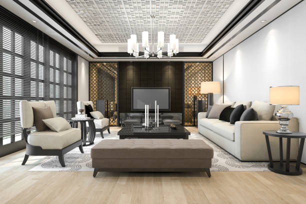 istock 3d rendering luxury and modern living room with chandelier 851977590