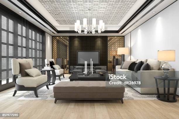 3d Rendering Luxury And Modern Living Room With Chandelier Stock Photo - Download Image Now