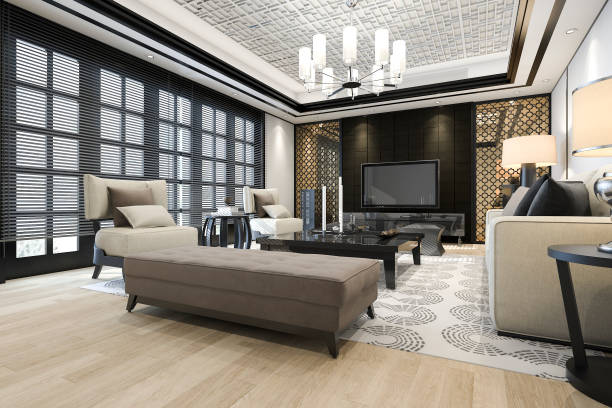 istock 3d rendering luxury and modern living room with chandelier 851977592