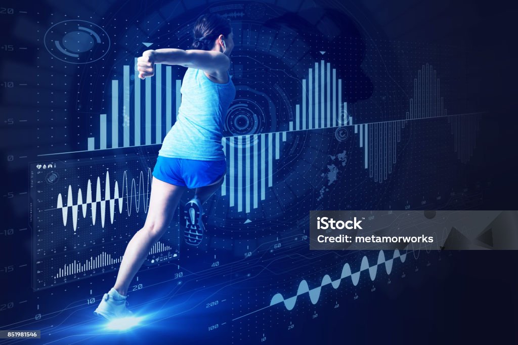 sports engineering concept. running woman and various vital information. Sport Stock Photo