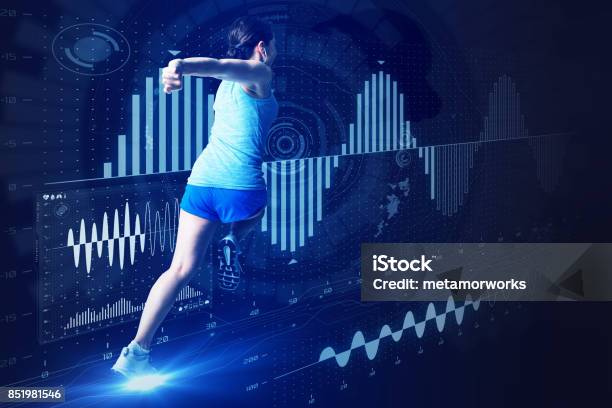 Sports Engineering Concept Running Woman And Various Vital Information Stock Photo - Download Image Now