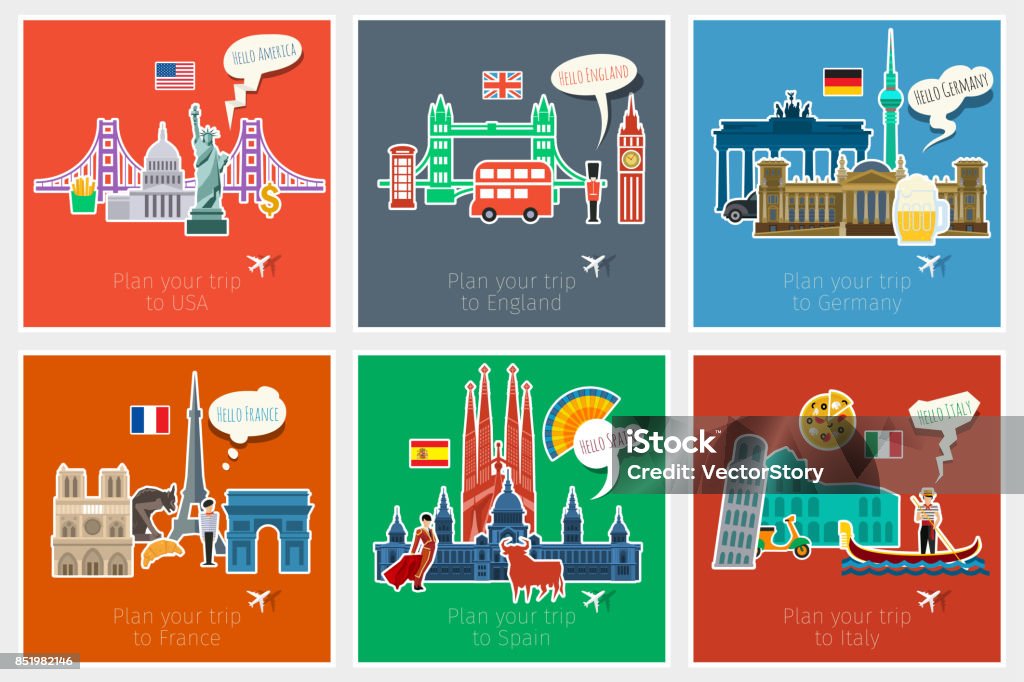 Concept of travel or studying Concept of travel or studying languages. English, German, Spanish, Italian, French. Flat design vector illustration England stock vector