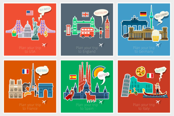 Concept of travel or studying Concept of travel or studying languages. English, German, Spanish, Italian, French. Flat design vector illustration usa england stock illustrations