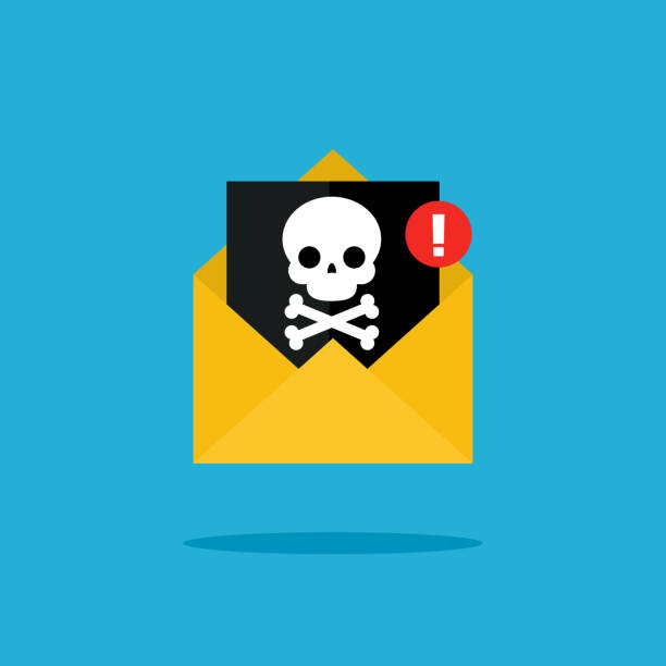 Concept of virus, piracy, hacking and security. Concept of virus, piracy, hacking and security. Malicious content and skull. Flat design, vector illustration. e mail spam stock illustrations