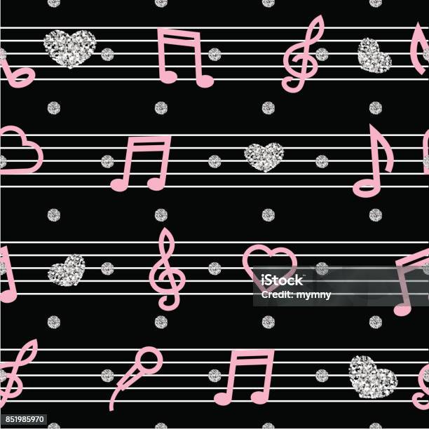 Pink Music Note Pattern Seamless Pink Music Note With Silver Glitter Pattern On Black ...