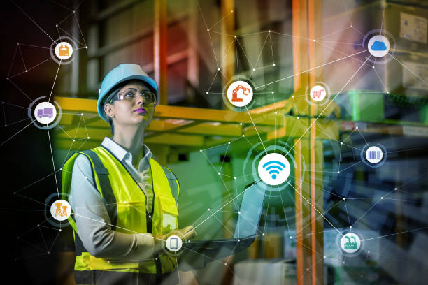 industry and Internet of Things concept. woman working in factory and wireless communication network. Industry4.0. industry and Internet of Things concept. woman working in factory and wireless communication network. Industry4.0. bar code reader radio frequency identification warehouse checklist stock pictures, royalty-free photos & images