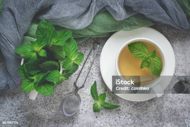 Natural Mint Tea And Fresh Mint Leaves On A Gray Background Stock Photo - Download Image Now
