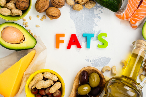 Unsaturated fats. Sources of fats good for health. Top view