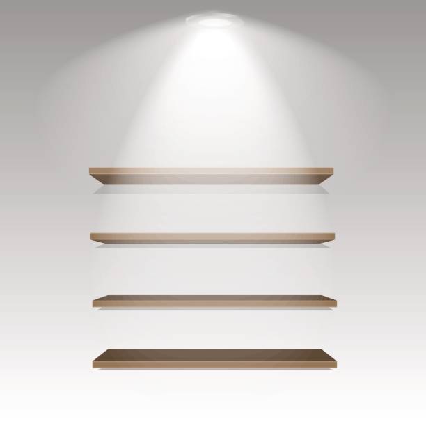 istock Wooden shelves on grey wall with illuminated lamp with soft light. Vector illustration. 851991720