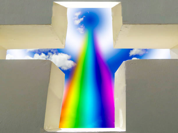 istock Cross wall and rainbow bless of god on wall 851992920