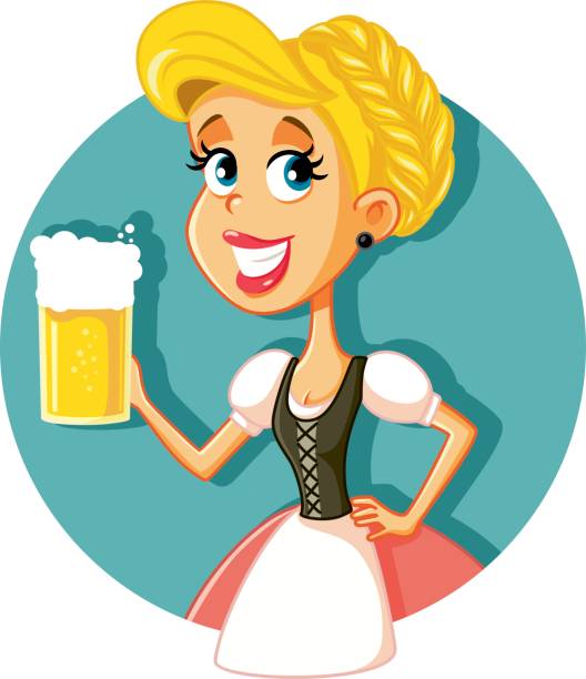 illustrations, cliparts, dessins animés et icônes de oktoberfest bavarois girl holding beer mug vector illustration - beautiful glass gold traditional culture