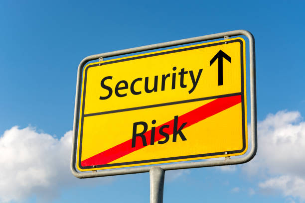 Yellow street sign with Security ahead leaving Risk behind close up