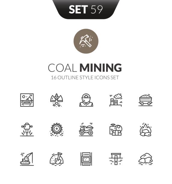 Outline black icons set in thin modern design style Outline black icons set in thin modern design style, flat line stroke vector symbols - coal mining collection mining natural resources stock illustrations