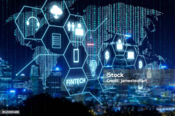 Fintech Icon And Internet Of Things With Matrix Code Background Investment And Financial Internet Technology Concept Stock Photo - Download Image Now