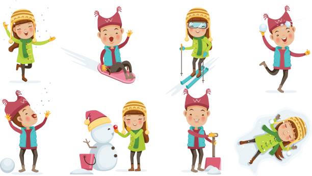 kids cute kids in warm clothes set. boy catches snowflakes mouth. riding on snow slides.child girl playing snowman. Little child in a clear snow. boy playing snowballs. Snow scoop. girl Catch snowflakes kids snow suits stock illustrations