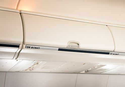 A closed luggage compartment, located above the seats on a commercial jet airplane.
