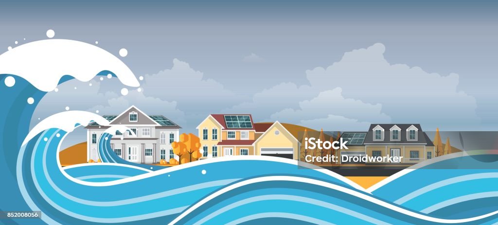 Tsunami, Flood Disaster, Vector Illustration. Overflooded Landscape. Eps 10 Flood stock vector