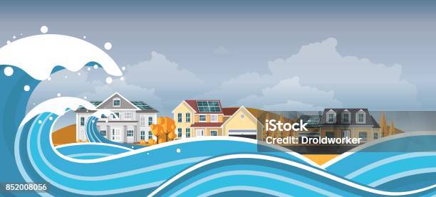 Tsunami Flood Disaster Vector Illustration Overflooded Landscape Eps 10 Stock Illustration - Download Image Now