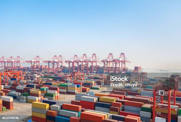 Modern Container Terminal At Dusk Stock Photo - Download Image Now - Harbor, Commercial Dock, China - East Asia
