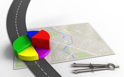 3d illustration of bright map with business data and circle tool