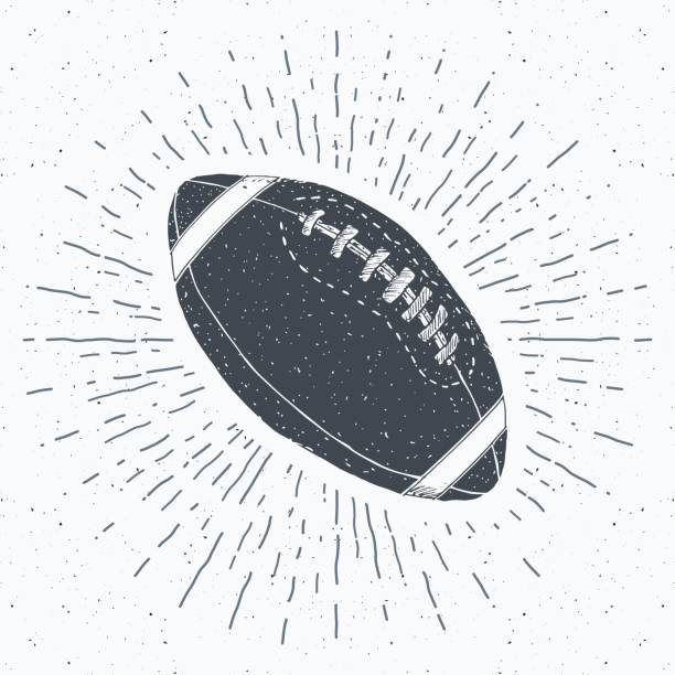 футбол, регби м яч старинные этикетки, рука обращается эскиз, гранж текстурированные ретро значок, типография дизайн футболки печати, векто� - футбольный мяч иллюстрации stock illustrations
