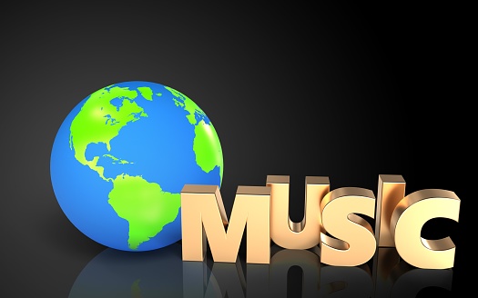 3d illustration of earth globe over black background with music sign