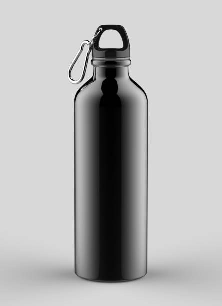 Aluminium black silver metal shiny sipper bottle for mock up and template design. Aluminium silver metal shiny sipper bottle for mock up and template design. 3d render illustration. water athlete competitive sport vertical stock pictures, royalty-free photos & images