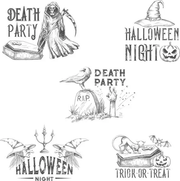 Vector illustration of Halloween night party vector sketch icons