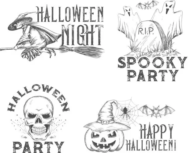 Vector illustration of Halloween vector sketch icons for holiday night