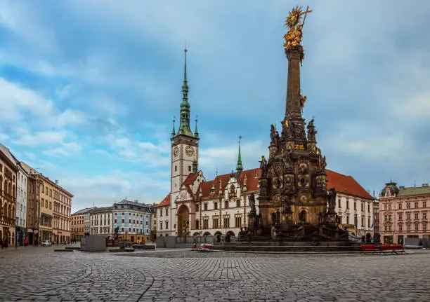 The view of the main square with Holy Trinity Column in the capital of Moravia