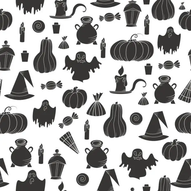 Vector illustration of Halloween seamless pattern. Design elements for party poster. Vector illustration