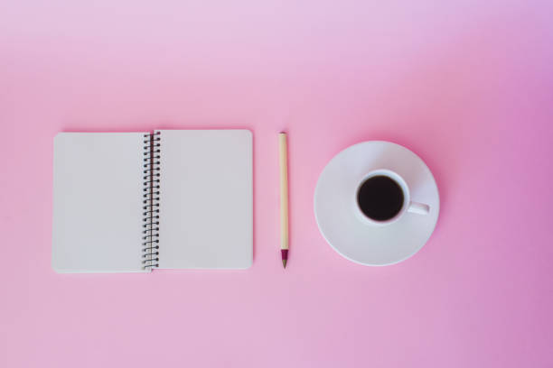 istock Top view of blank notebook, pen and cup of coffee. 852035010
